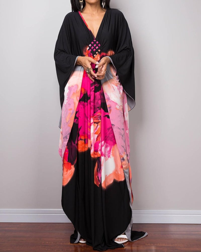 Bsubseach Women Ethnic Print Kaftan Beach Dress Plus Size Swimsuit Cover Up - Image 3